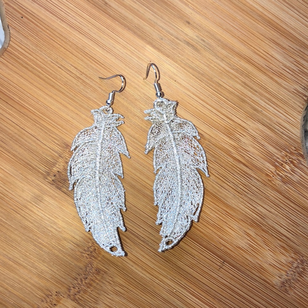 Embroidered Lace Feather Earrings